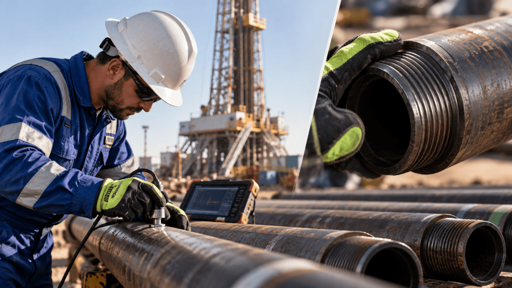 Drill pipe inspection technician performing NDT testing at an oilfield drilling site