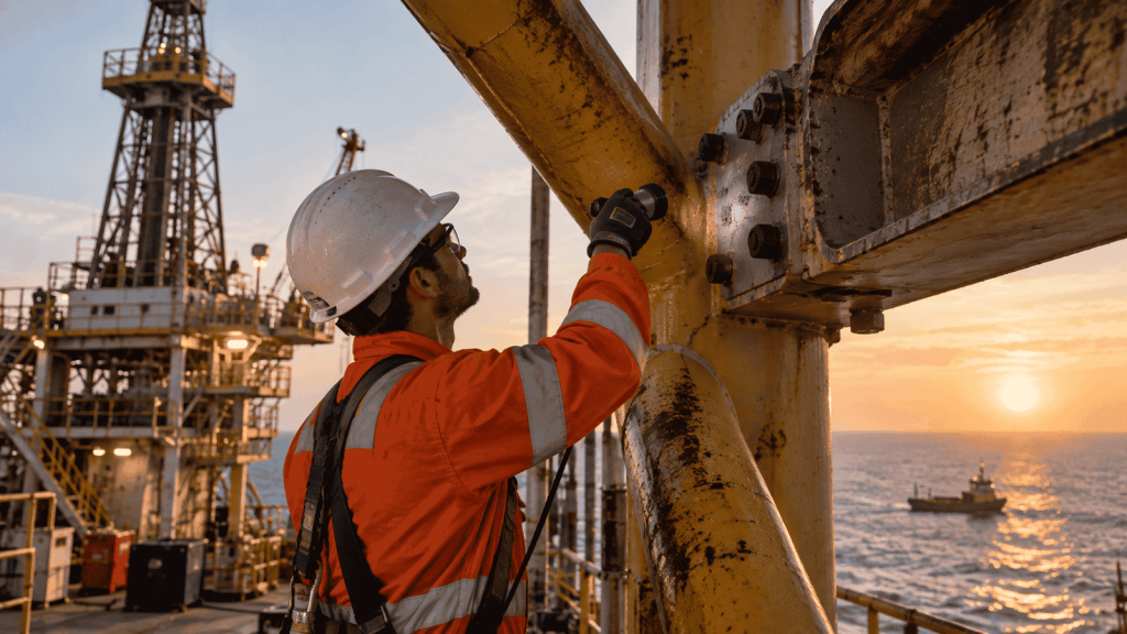 Oil rig structure safety inspection using NDT testing to examine steel joints, bolts, braces, and structural components for defects