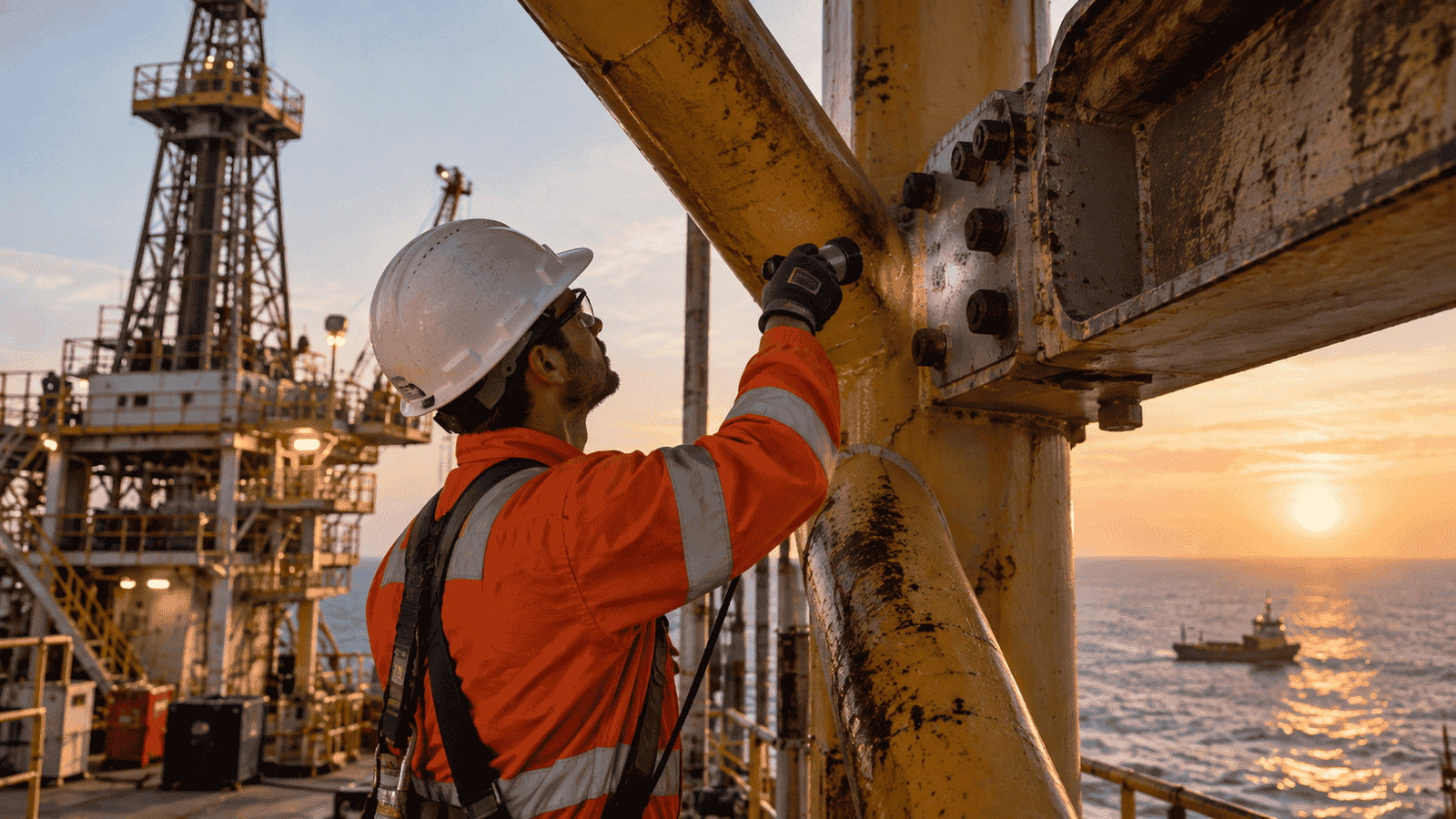 Oil rig structure safety inspection using NDT testing to examine steel joints, bolts, braces, and structural components for defects