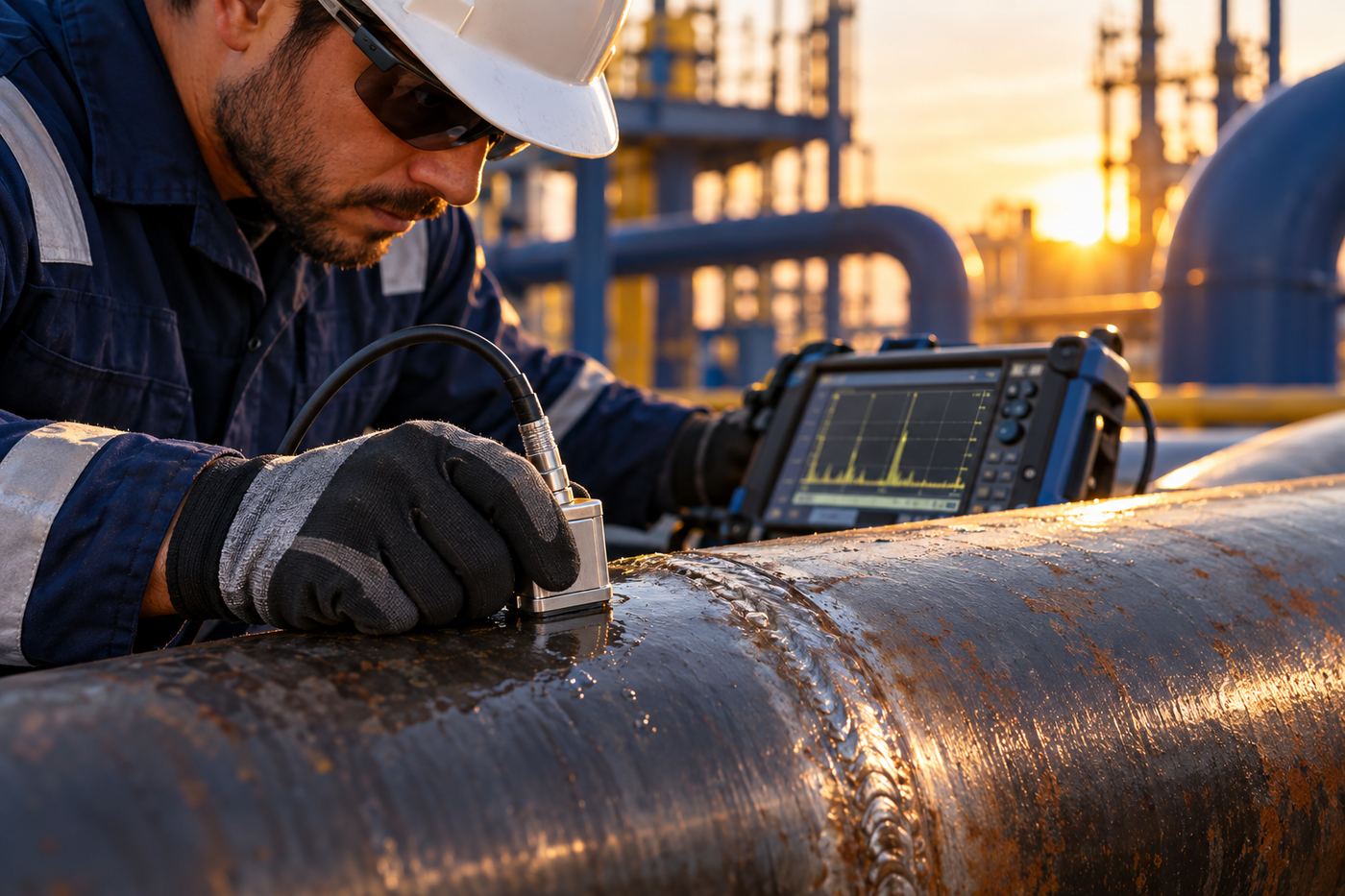 EEOS inspector carrying out ultrasonic testing on oilfield equipment